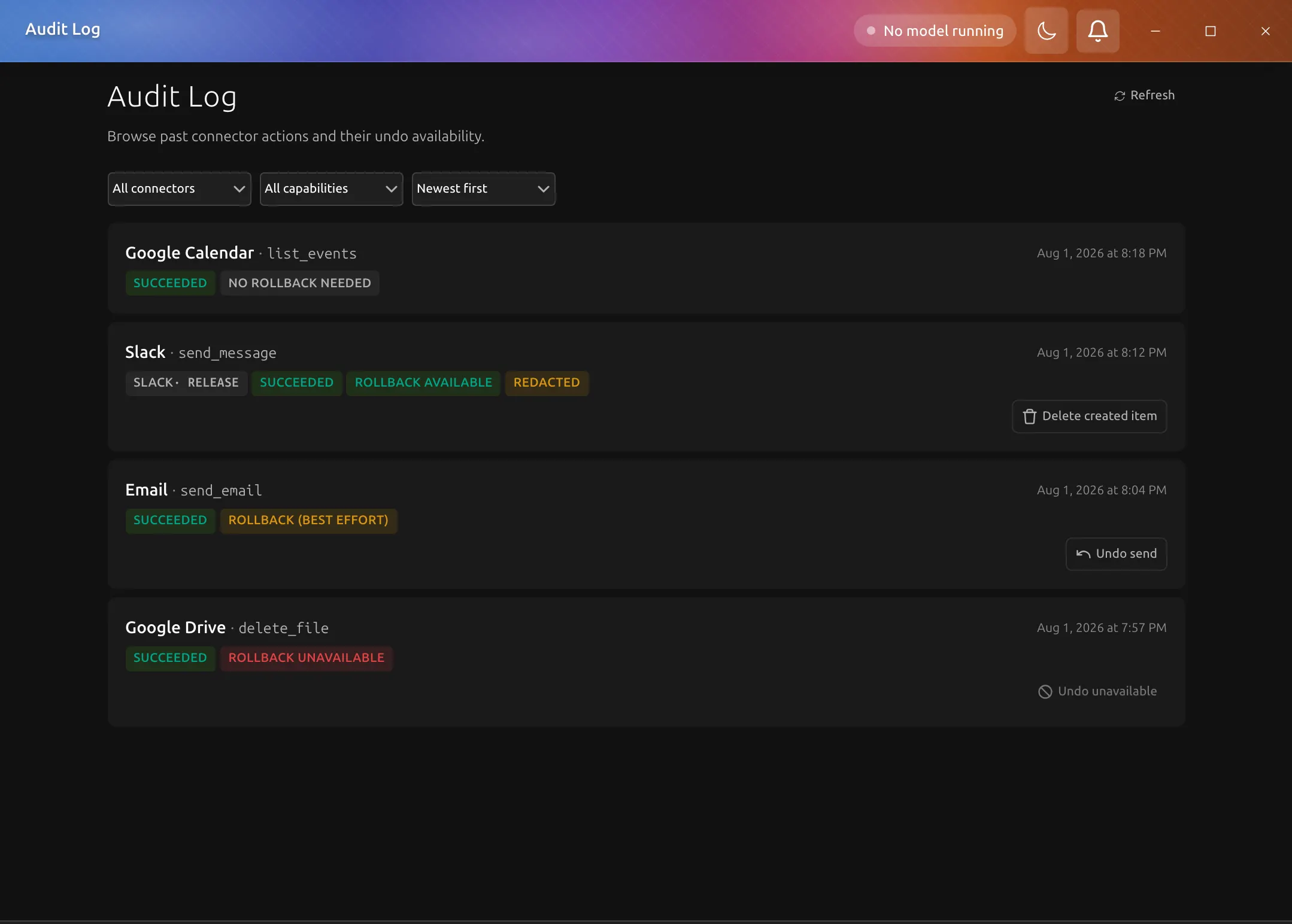 Audit Log page in dark mode