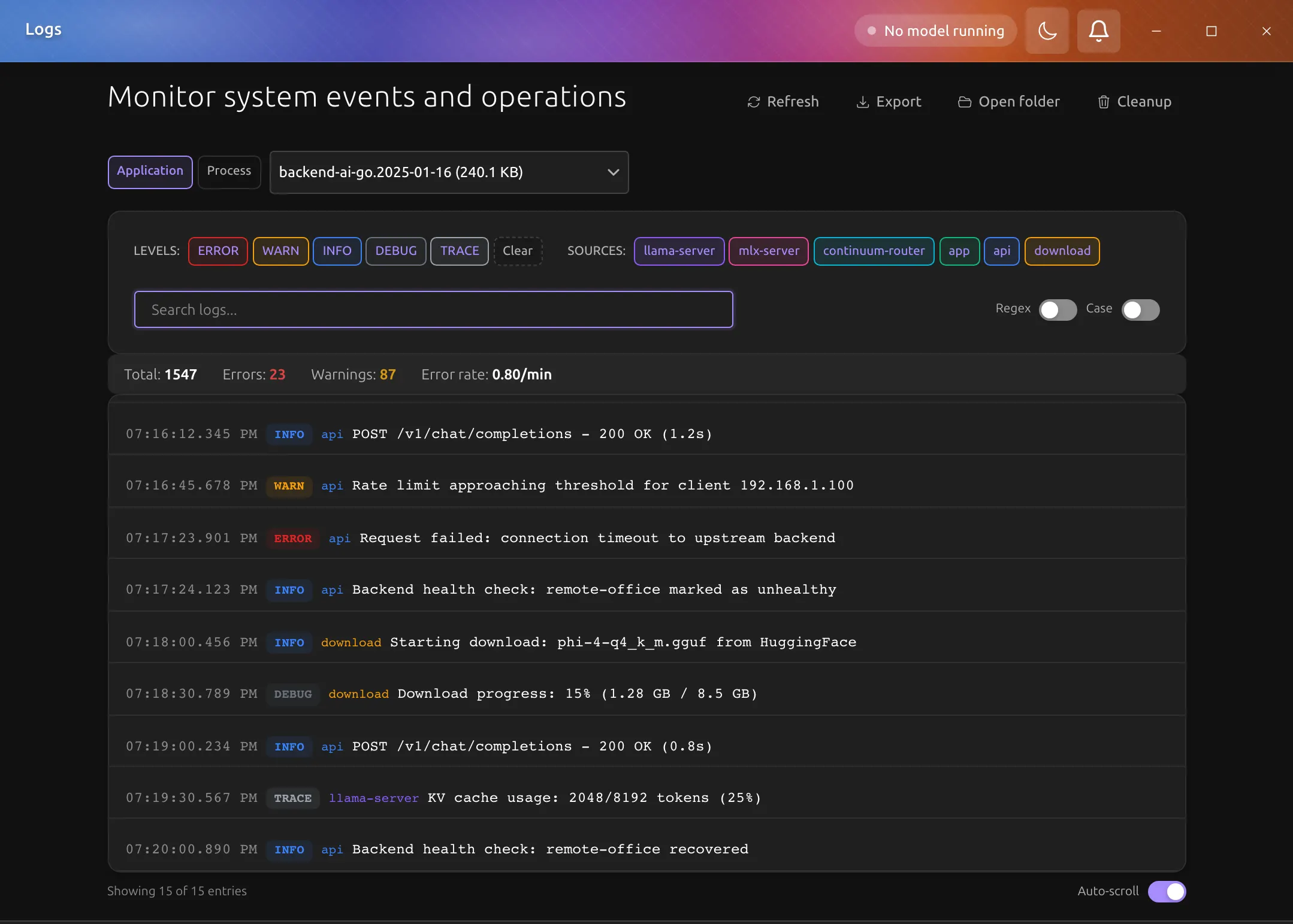 Logs page in dark mode