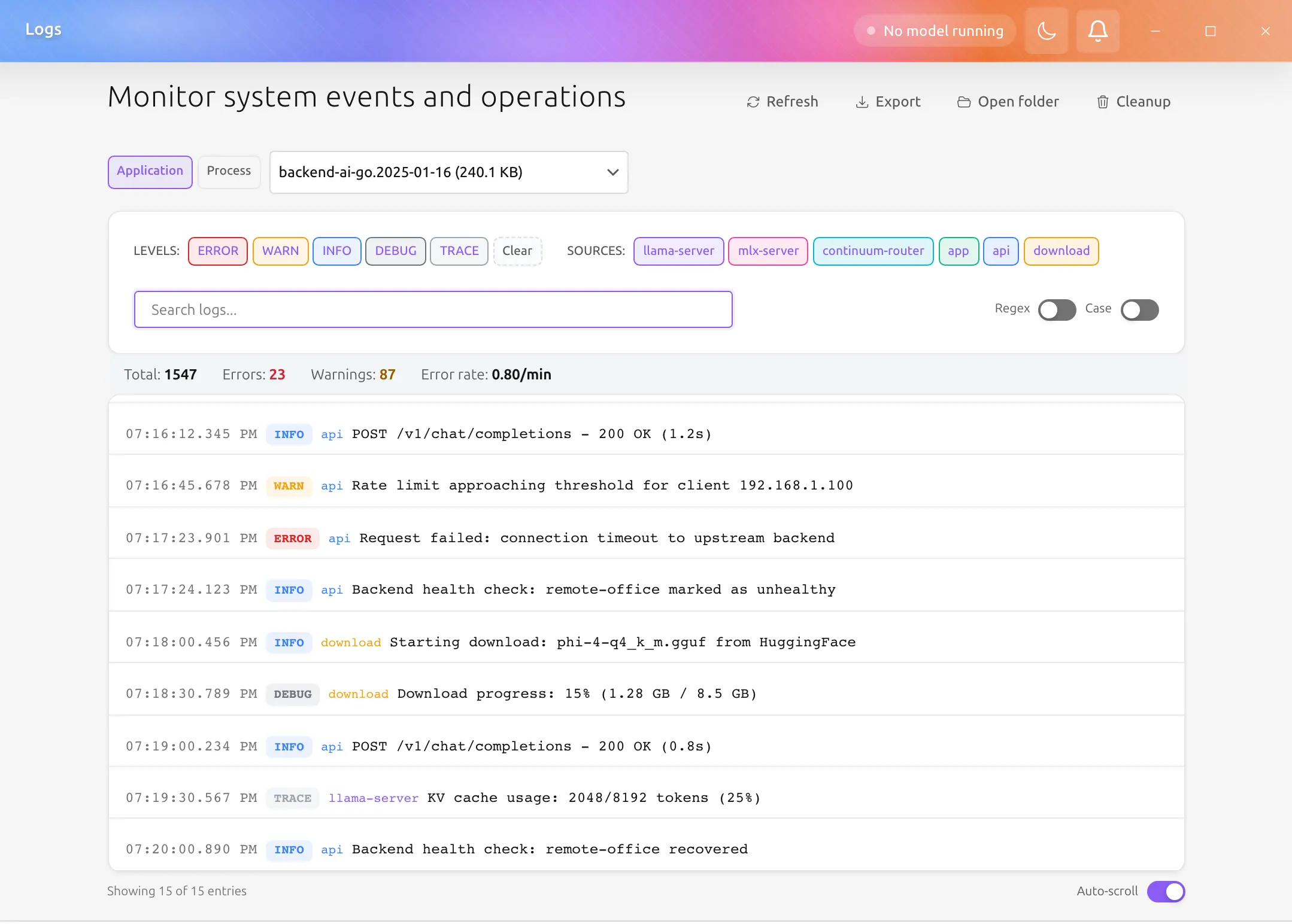 Logs page with file selection, filters, search, and export controls