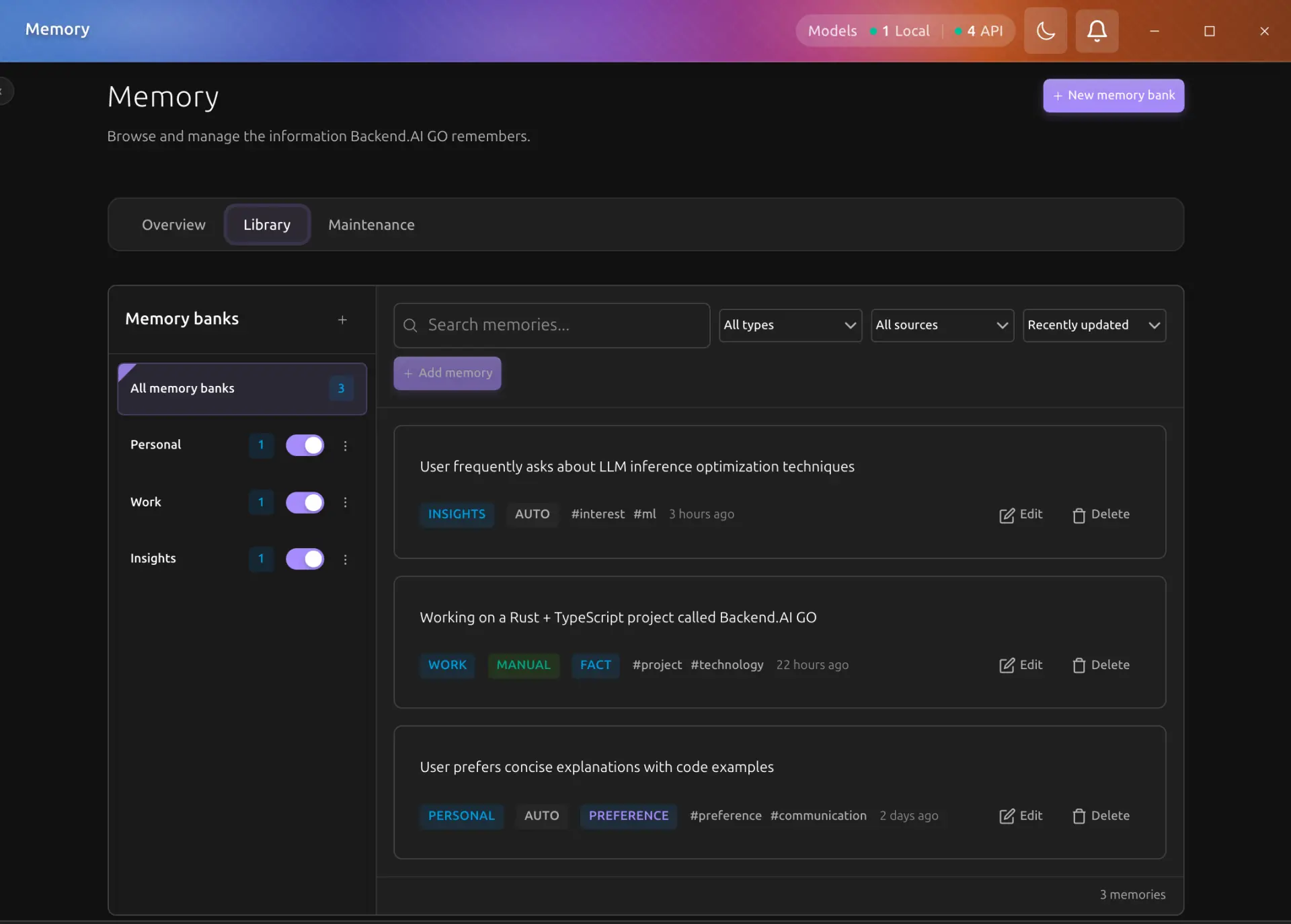 Memory library in dark mode