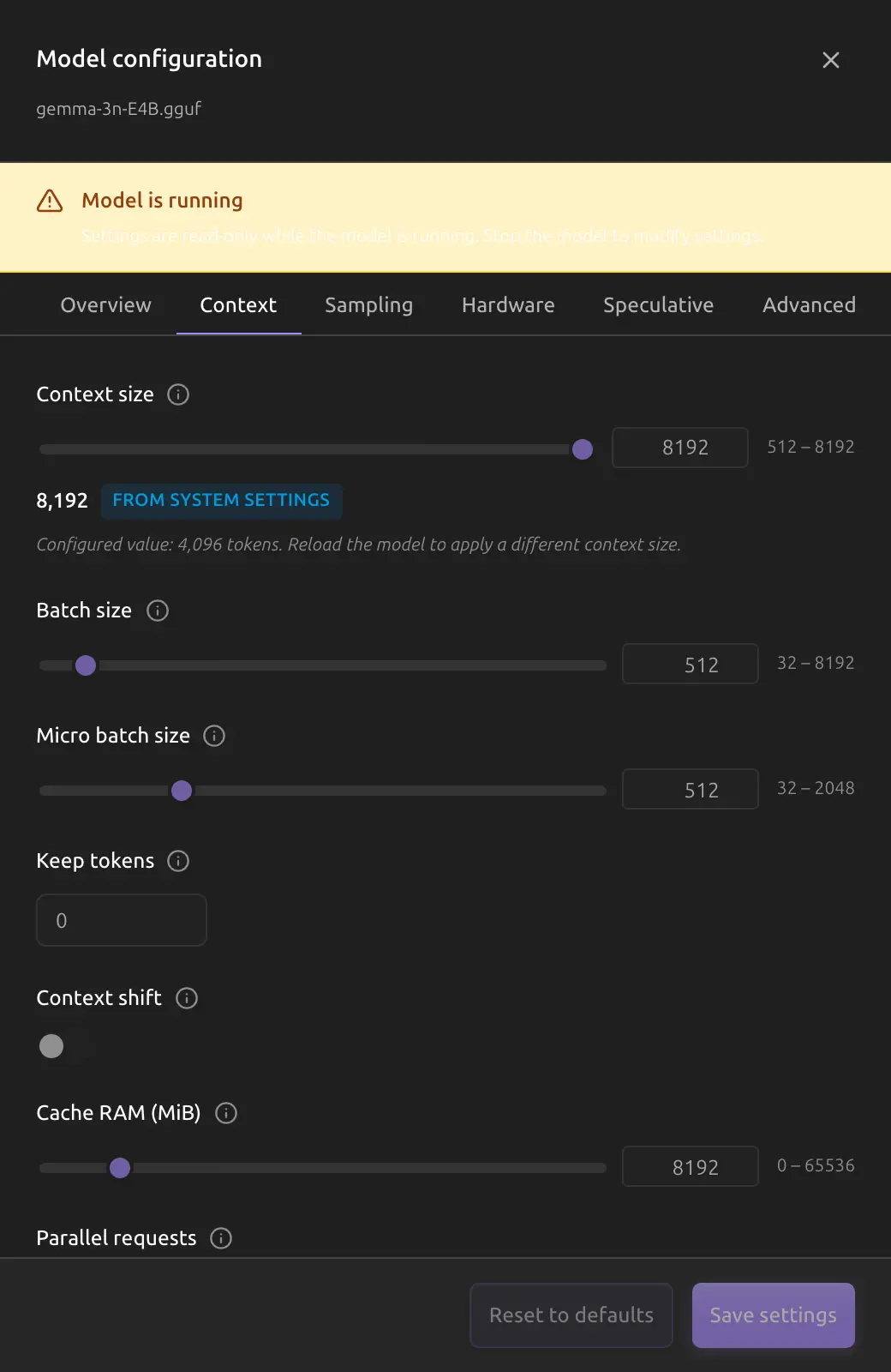 Model settings drawer in dark mode
