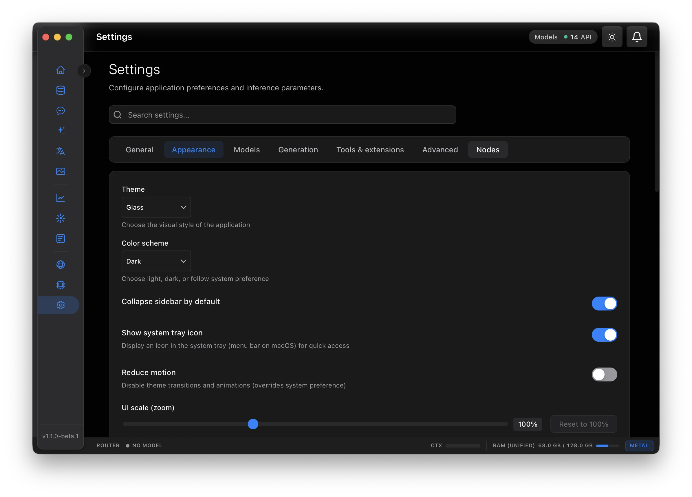 Settings page