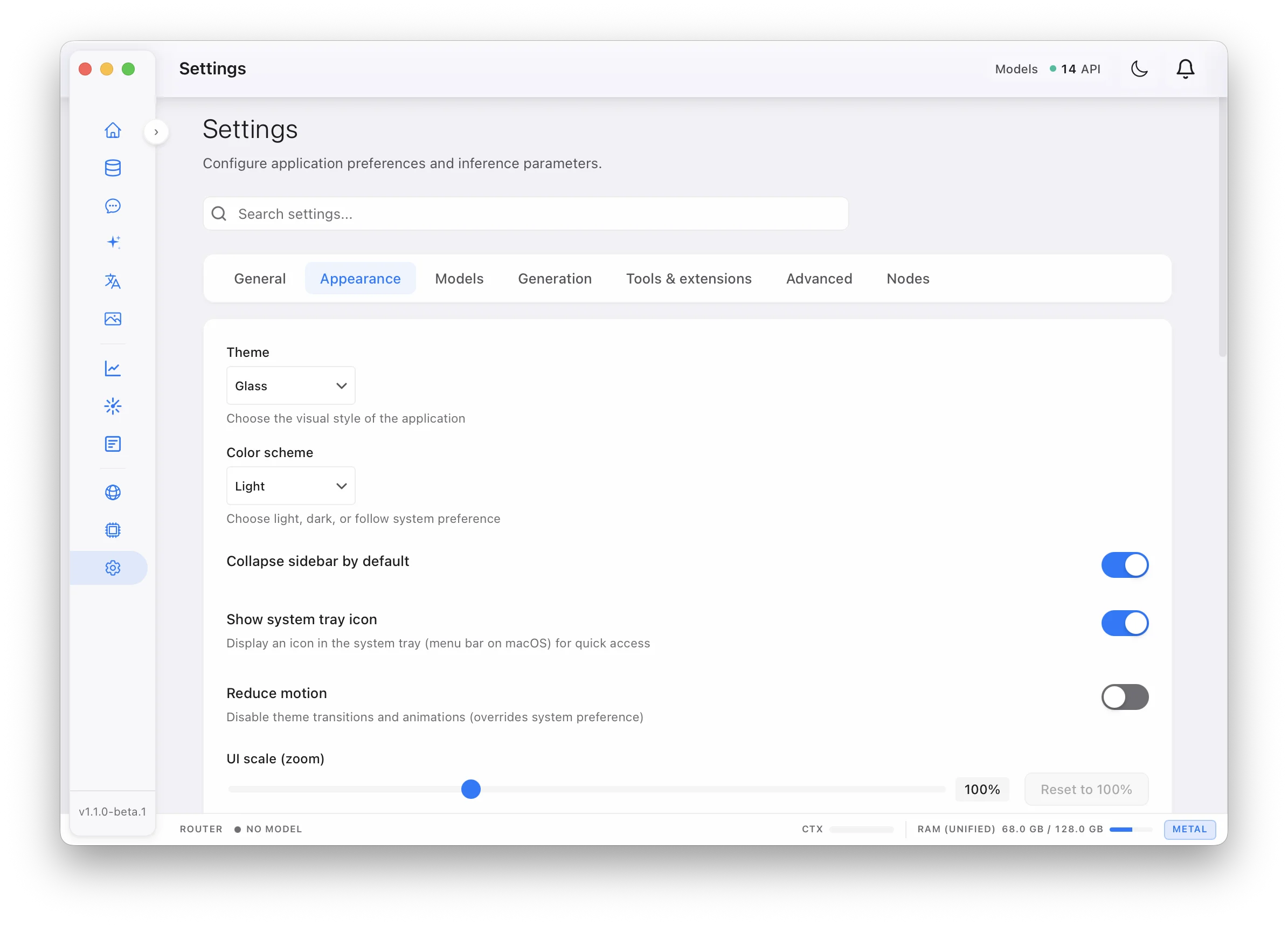 Settings page