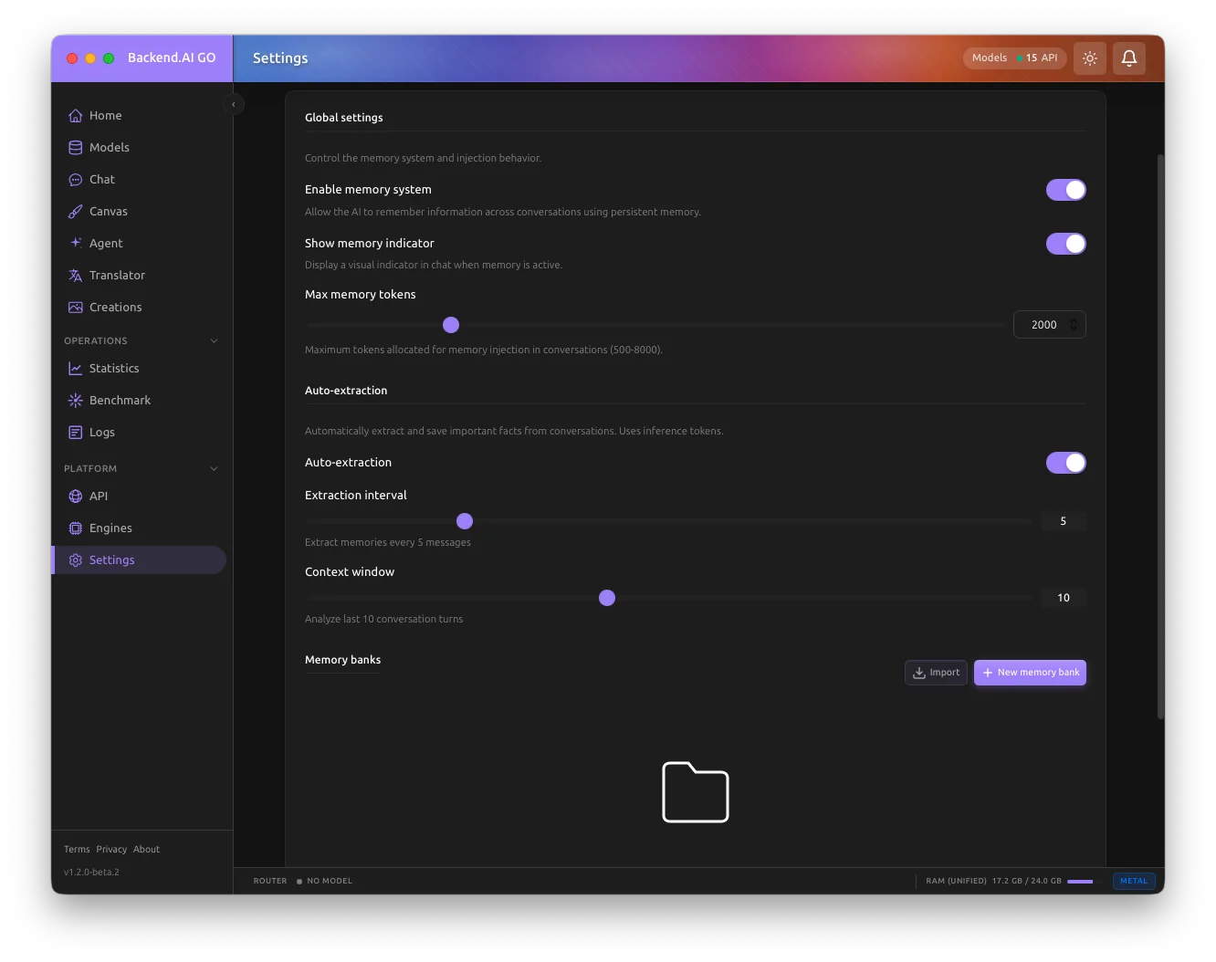Memory settings with auto-extraction