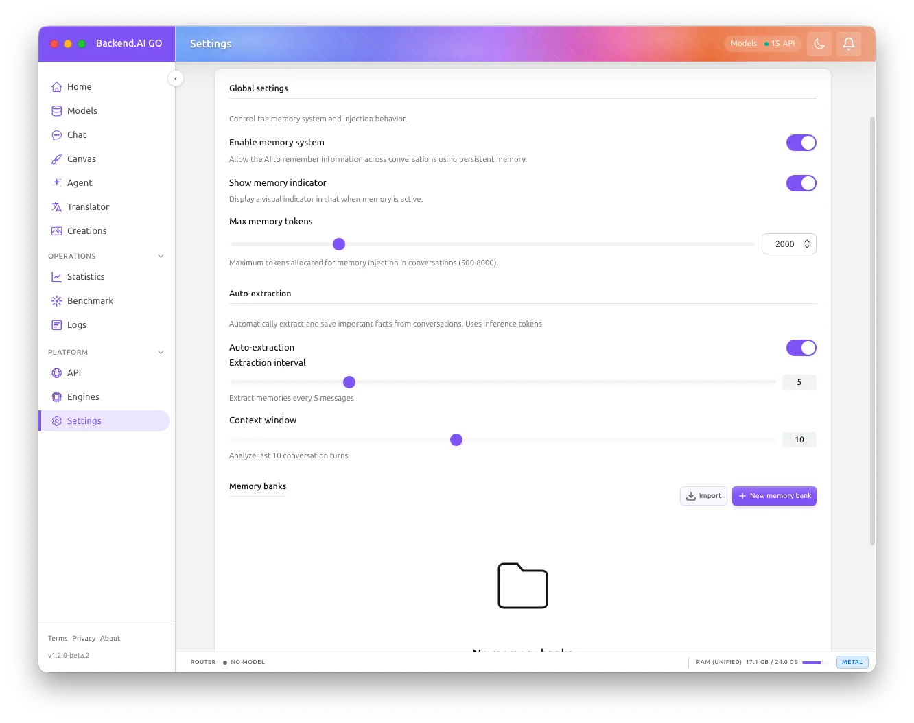 Memory settings with auto-extraction