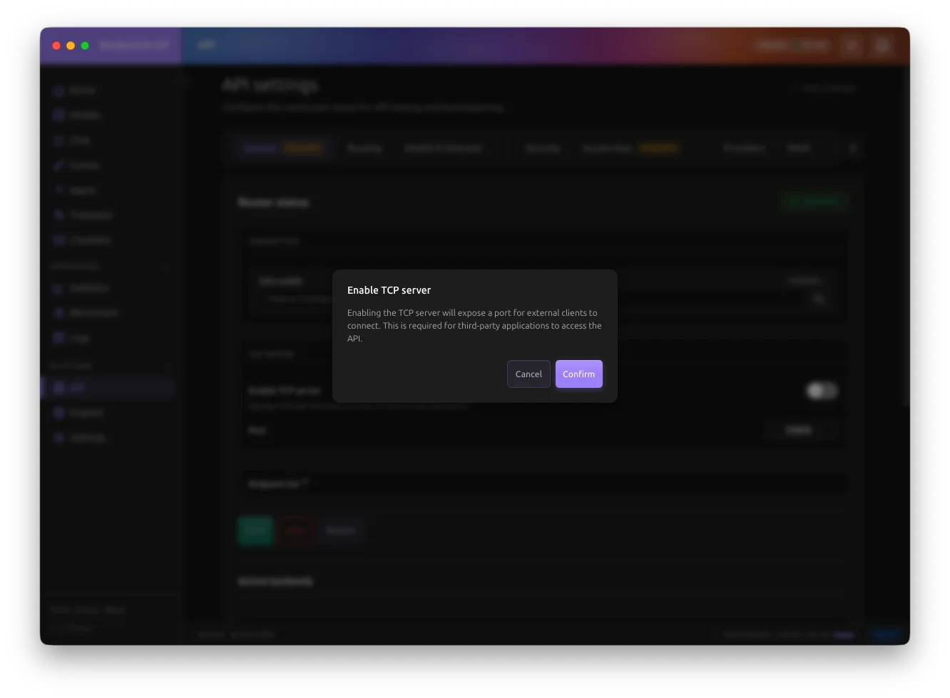 TCP 서버 활성화 대화상자